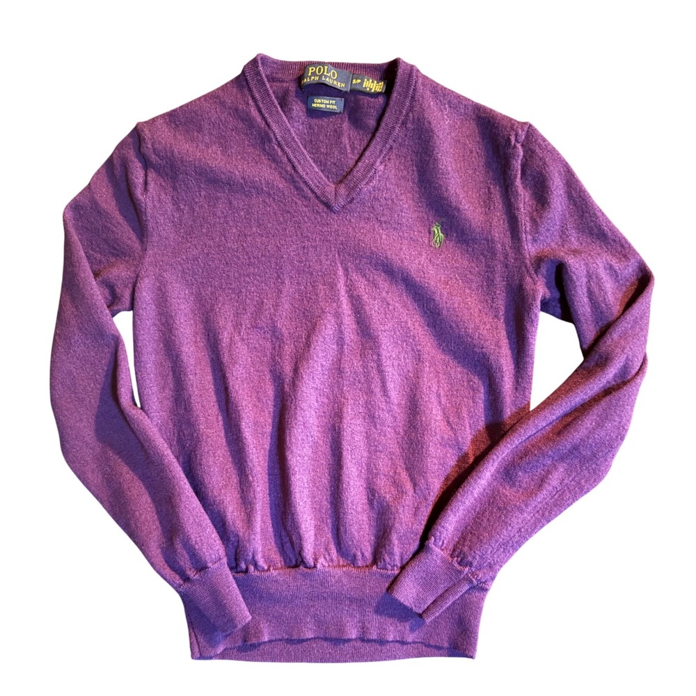 Polo Ralph Lauren Custom Fit V-Neck Sweater Mens S Purple Merino Wool Italian